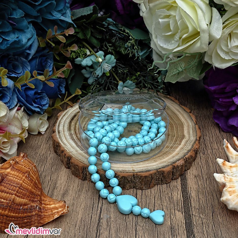 Gül Kokulu Tesbih Yuvarlak Kutulu Turkuaz