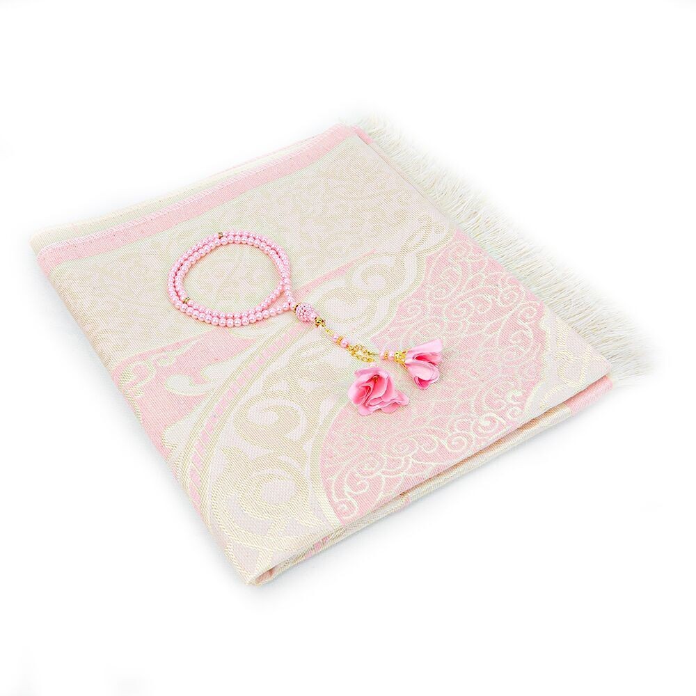 Hediyelik İpek Nur Tafta Seccade Pembe & Güllü İnci Tesbih 8 mm Pembe
