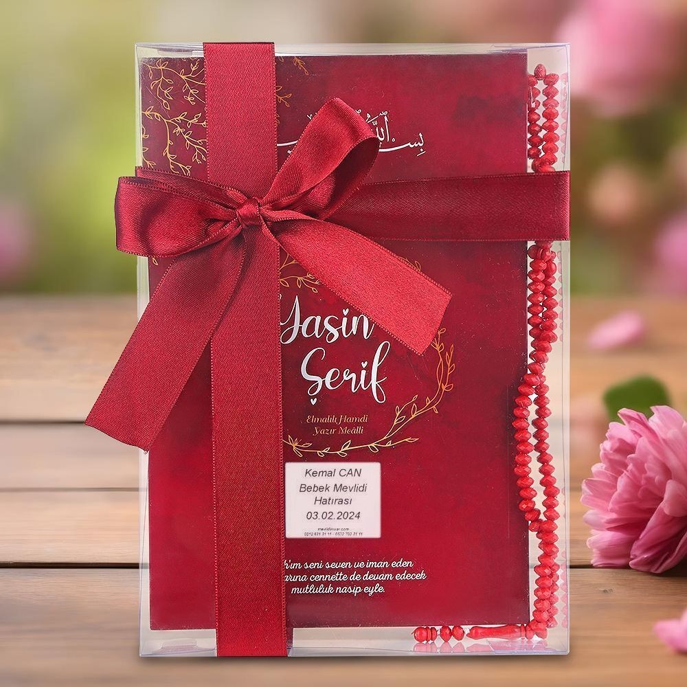 10 adet Ekonomik Yasin Kitabı ( Orta Boy ), Tesbih, Süslemeli Asetat Kutulu ( 25x18 ) cm 150 gr Bordo