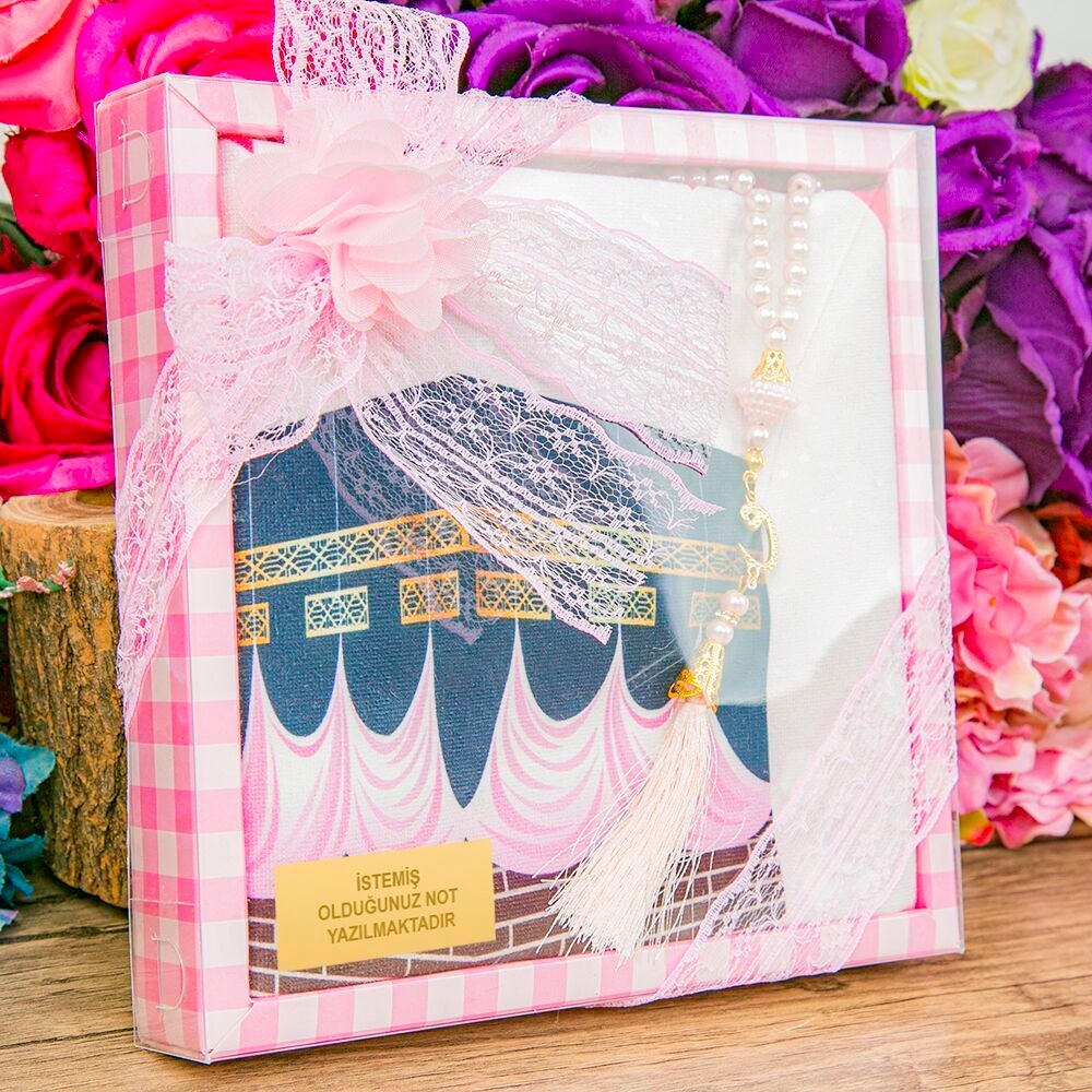 Çocuk Seccadesi 45*82 cm, İnci Tesbihli Asetat Kutulu Set-Pembe