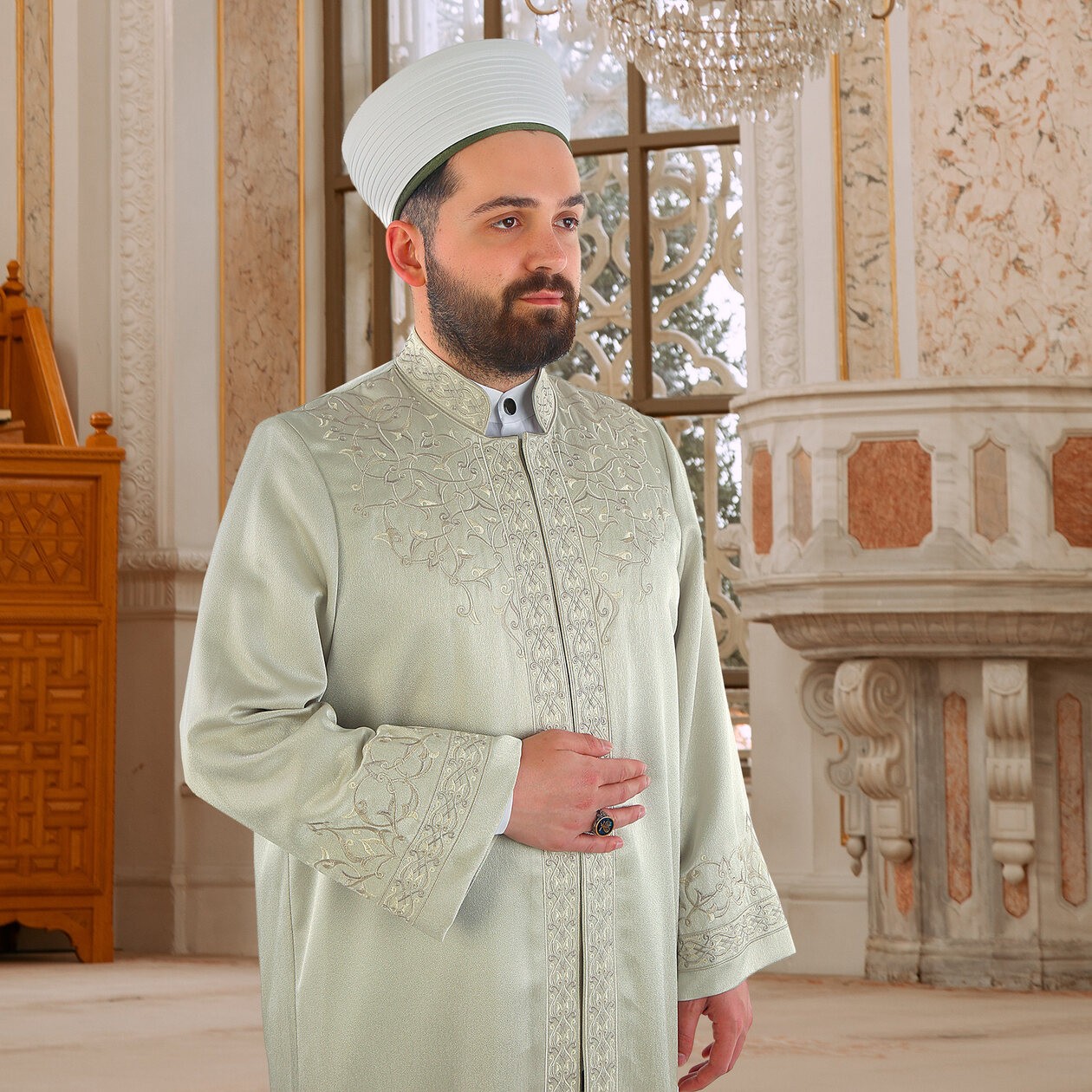 Lüks Fesebbih İmam Cübbesi Mint Yeşili 