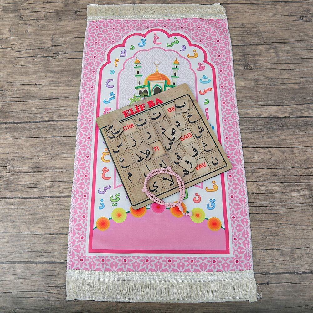 Çocuk Seccadesi Aksa Pembe & Kokulu Tesbih Kalp İşlemeli Bebek Pembesi & ElifBa Puzzle