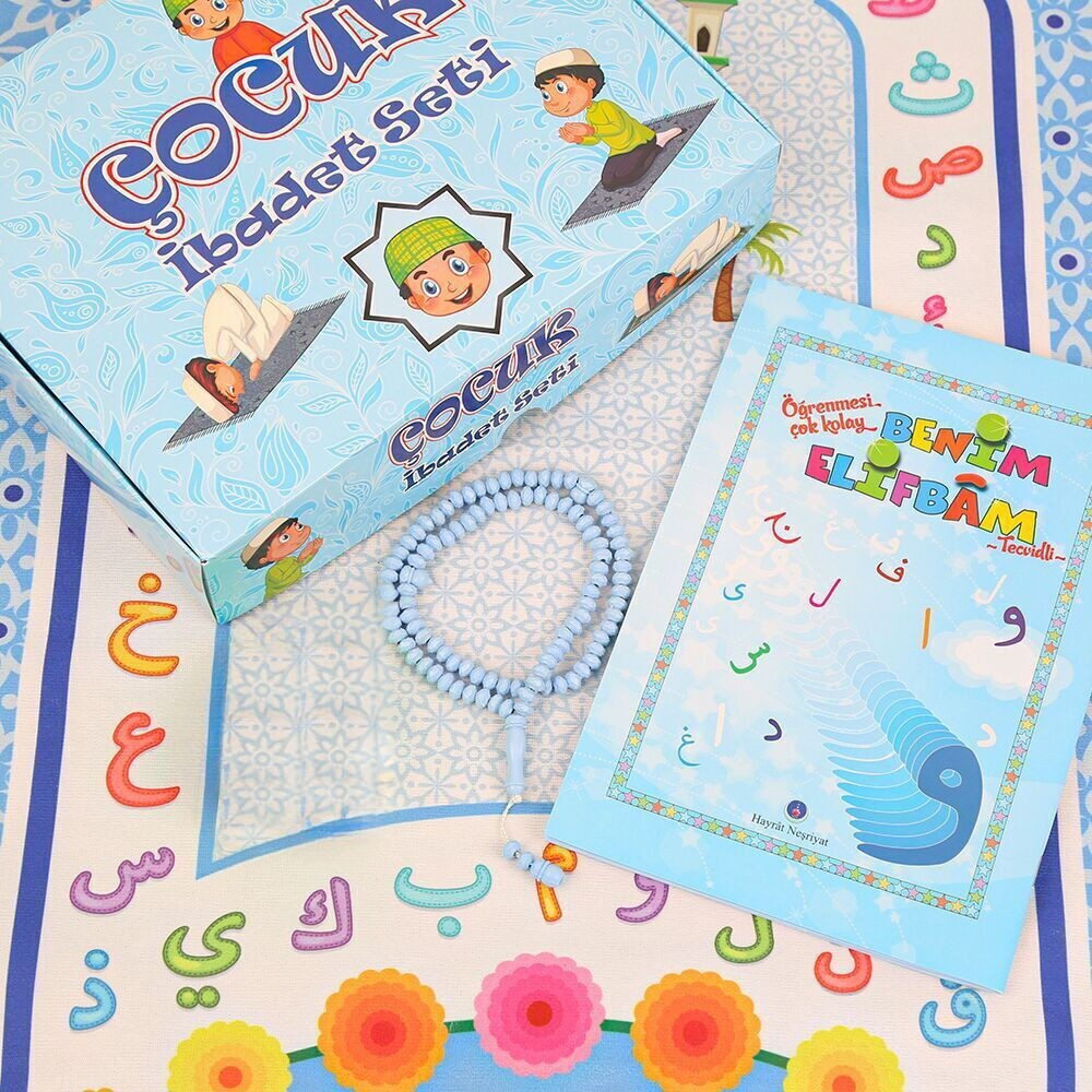 Çocuk Seccadesi ve Eğitici Kitabı Namaz Seti  - Mavi 45x82 cm - 110 gr - Tesbih