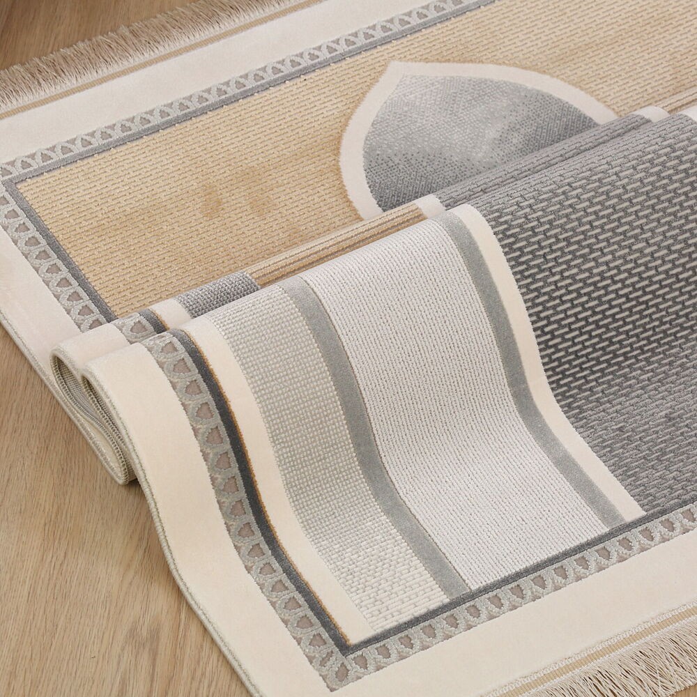 Lüks Kadife Akasya Mihrap  Seccade  Ultra Lüks % 100 Modal, Sık Dokuma Halı  Seccade-Krem (80x120 cm)