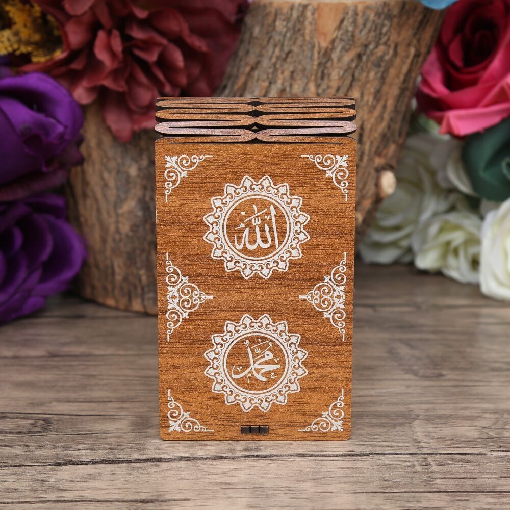 Mini Ahşap Kutuda Mini Kur'an-ı Kerim & Kırmızı Kristal Tesbih (13x7cm)