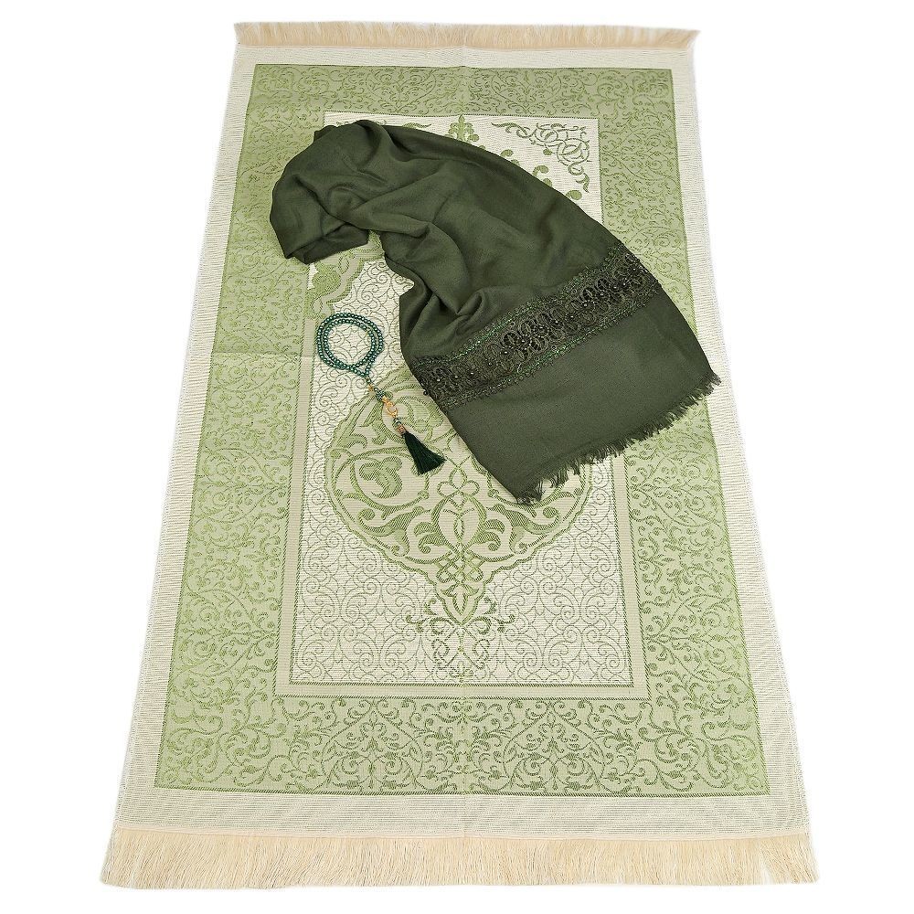 Hediyelik Seccade, Şal, İnci Tesbih, Asetat Kutulu (26×23 cm 450 gr) Set-Yeşil