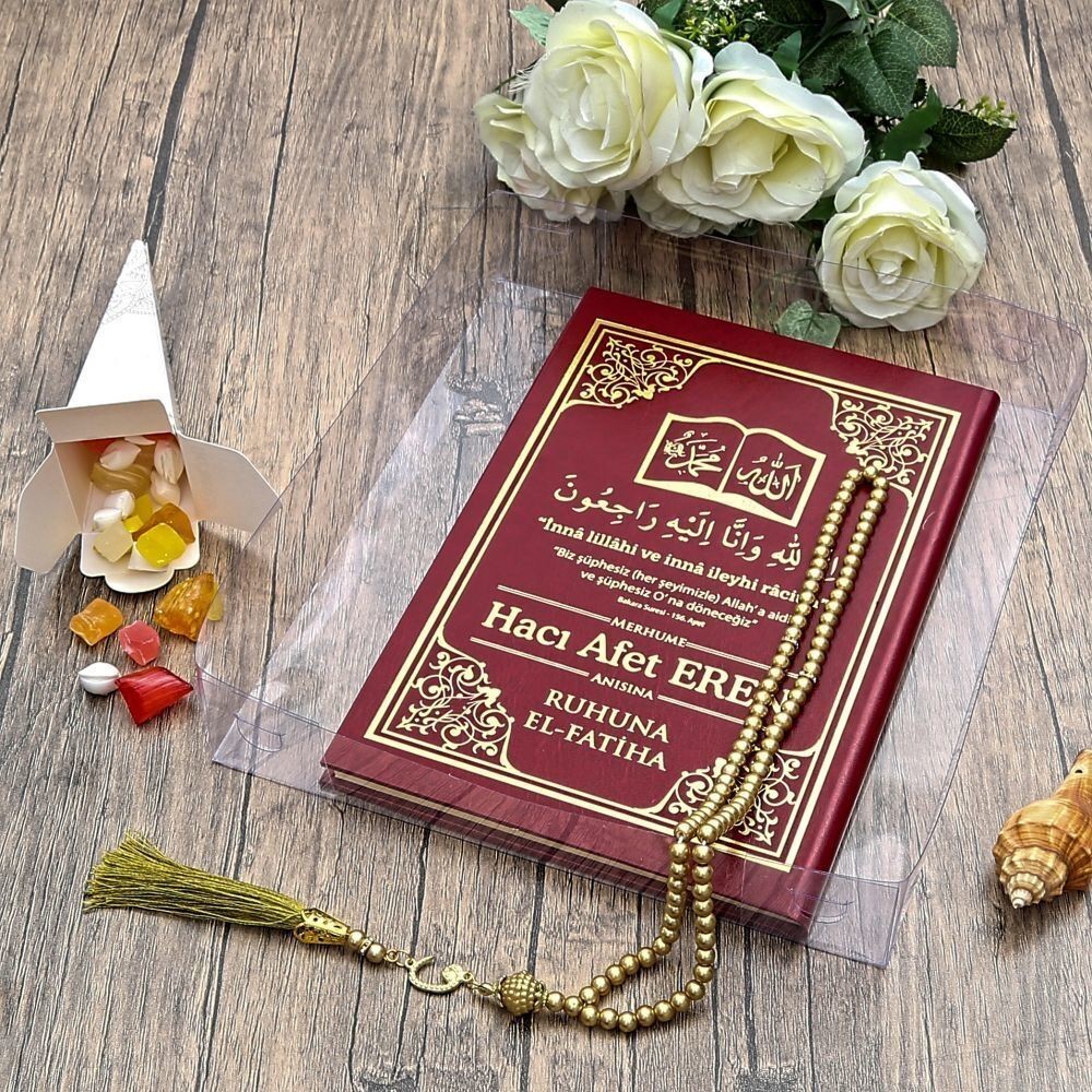 Hediyelik Yasin Kitabı (Orta Boy) 50 Adet, İnci Tesbih, Mevlüt Şekeri, Asetat Kutulu (26×23) Mevlid Seti-Bordo
