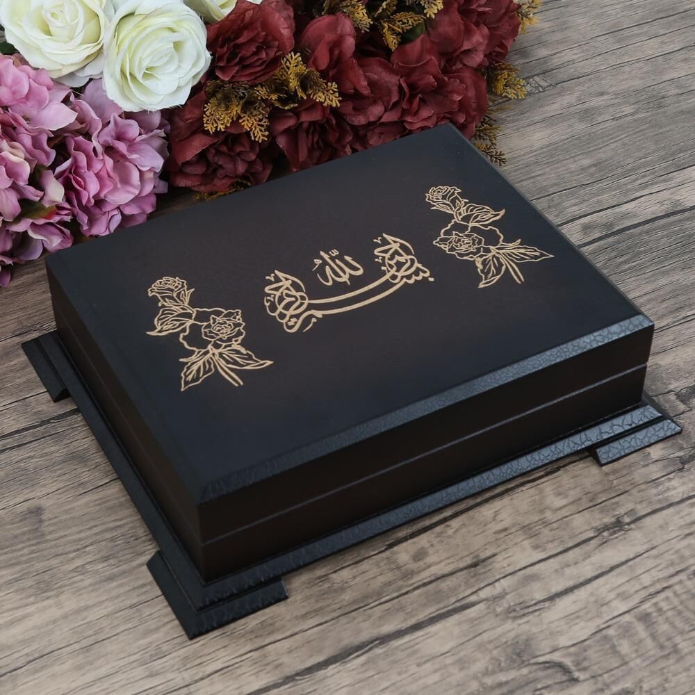 Hediyelik Ahşap Kutulu Kur'an-ı Kerim (Çanta Boy 12*16) Mühürlü, Esans, Tesbihli Set