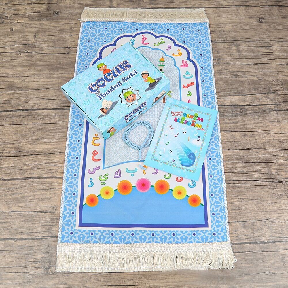 Çocuk Seccadesi ve Eğitici Kitabı Namaz Seti  - Mavi 45x82 cm - 110 gr - Tesbih
