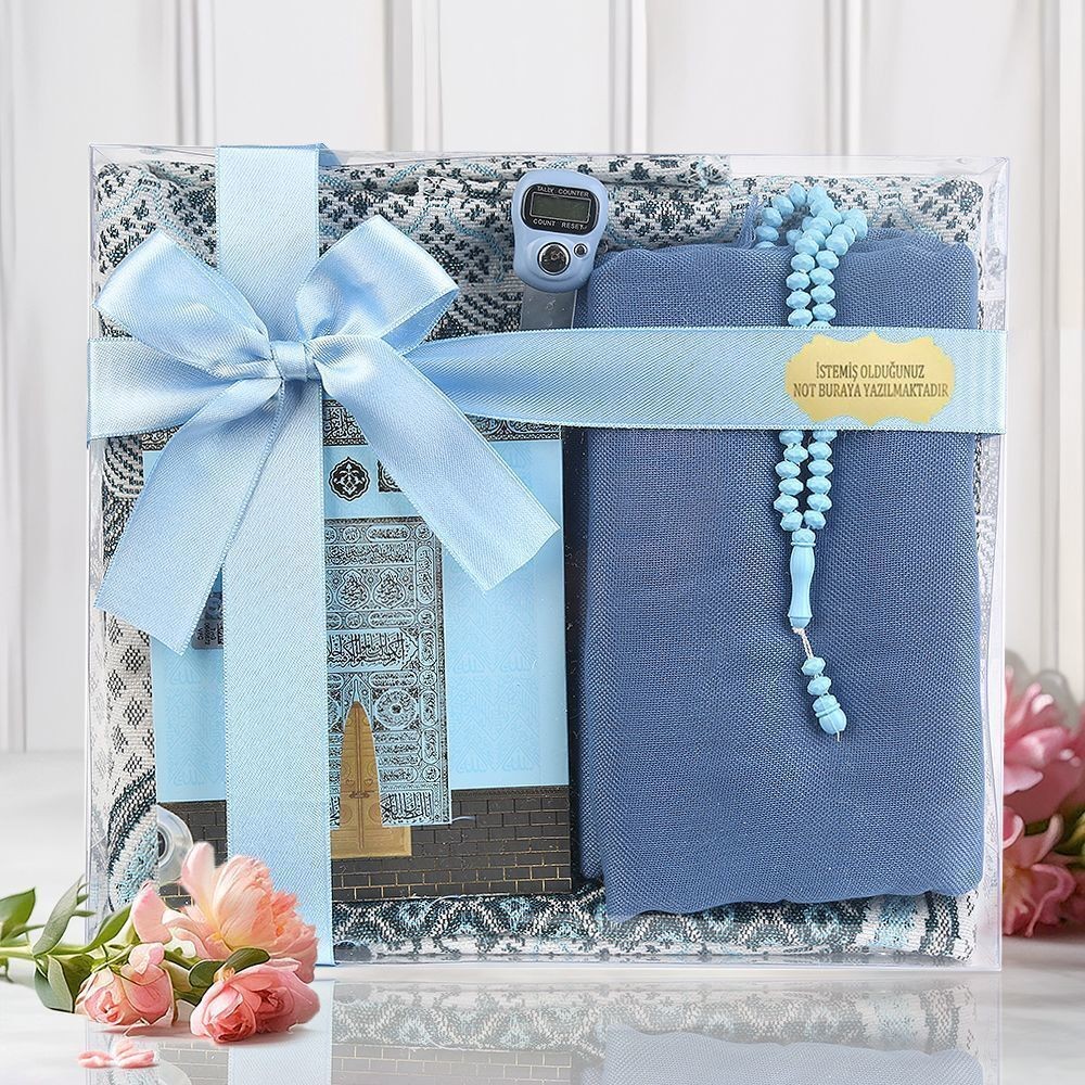 Ekonomik Çanta Boy Yasin, Seccade, Pamuklu Şal, Tesbih, Zikirmatik, Süslemeli Asetat Kutulu (23*26 cm -475gr)-Mavi