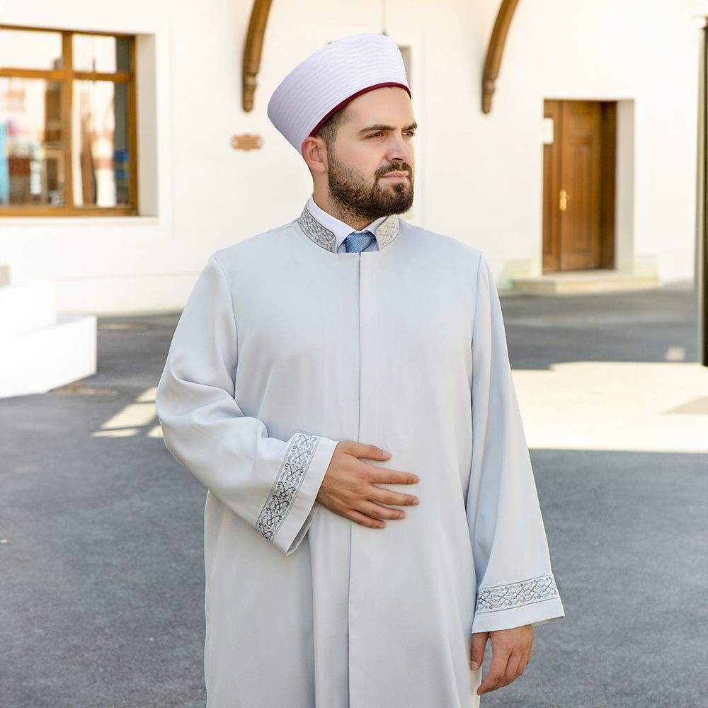 Asım  İmam Cübbesi Gri Kol ve Yaka Nakışlı Model