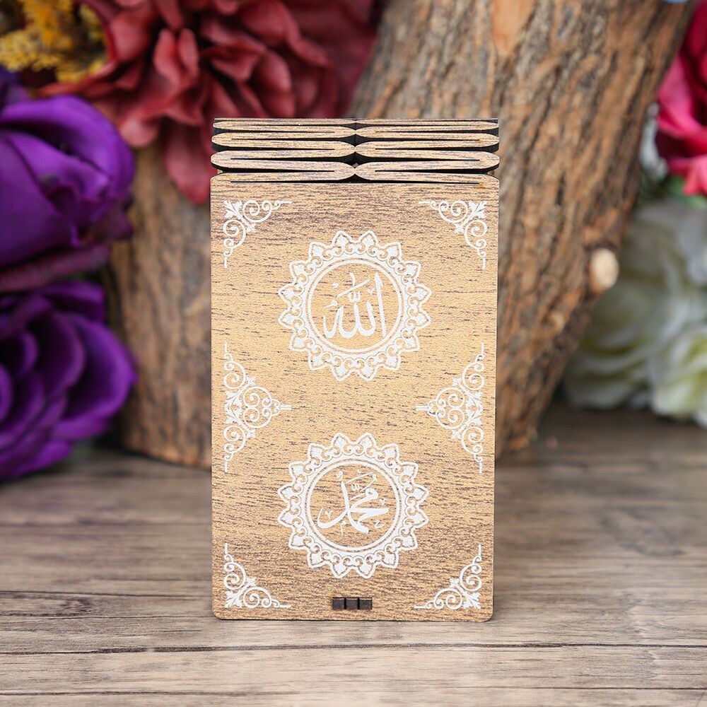 Mini Ahşap Kutuda Mini Kur'an-ı Kerim & Pembe Kristal Tesbih (13x7cm)