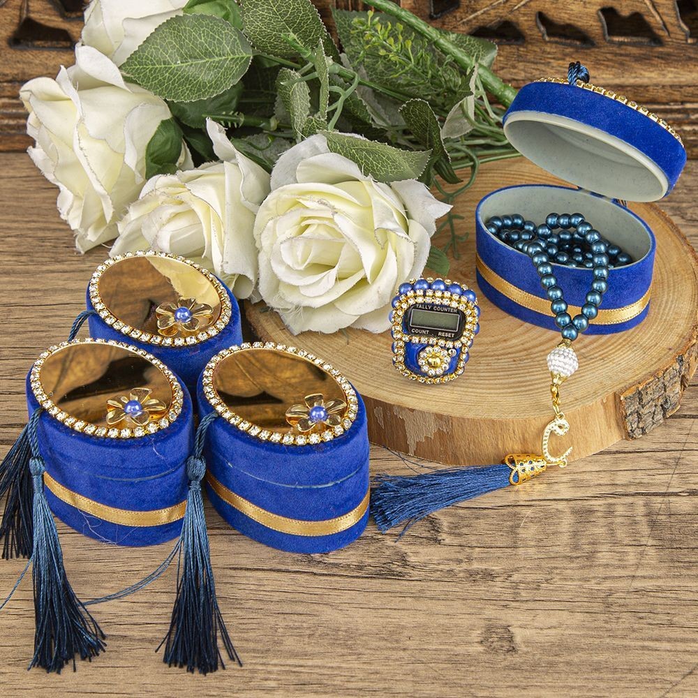 Anneler Günü Hediyesi Lüks Zikirmatik ve İnci Tesbih ,Elips Kutulu, Flok Kaplı, Aynalı Pleksili- Mavi 7*5 cm 70 gr