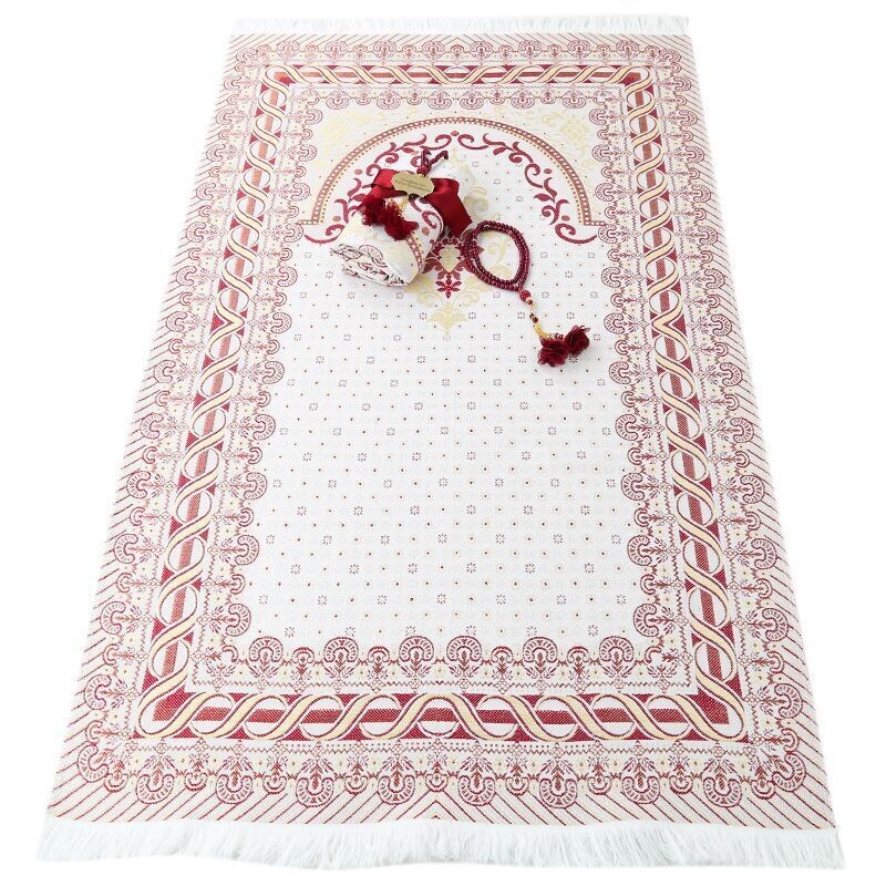 Hediyelik İpek Saten Osmanlı Desenli Seccade, İnci Tesbih, Pleksi Kurdela Süslemeli Mevlid Seti-Kırmızı(287 gr)