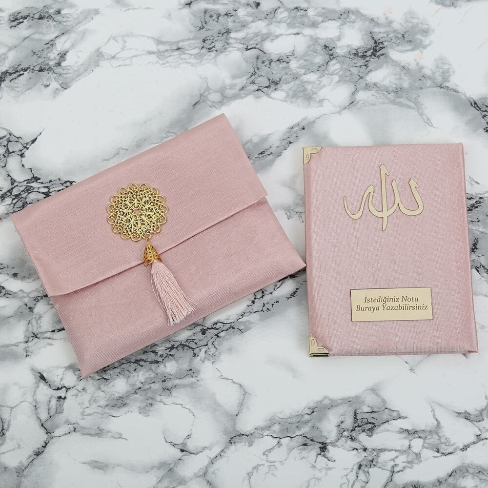 Hediyelik Şantuk Kese Yasin ve Tesbih Süslemeli Asetat Kutulu (17×15) Set Pembe