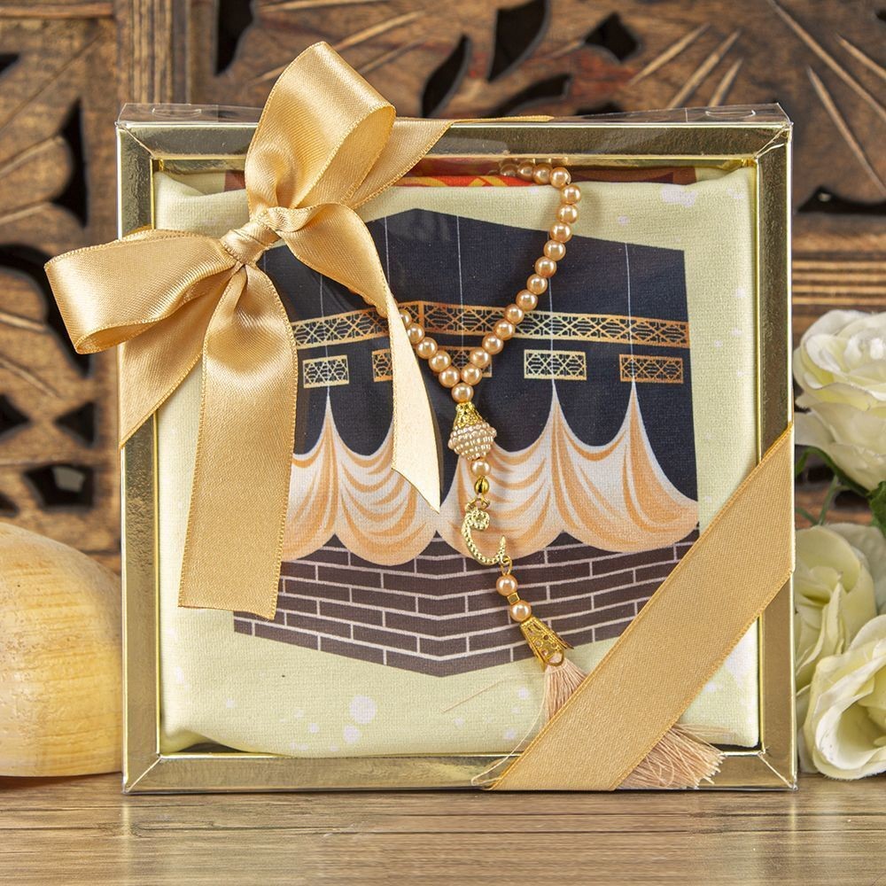 Çocuk Seccadesi, İnci Tesbihli Asetat Kutulu Set-Turuncu 42*85 cm