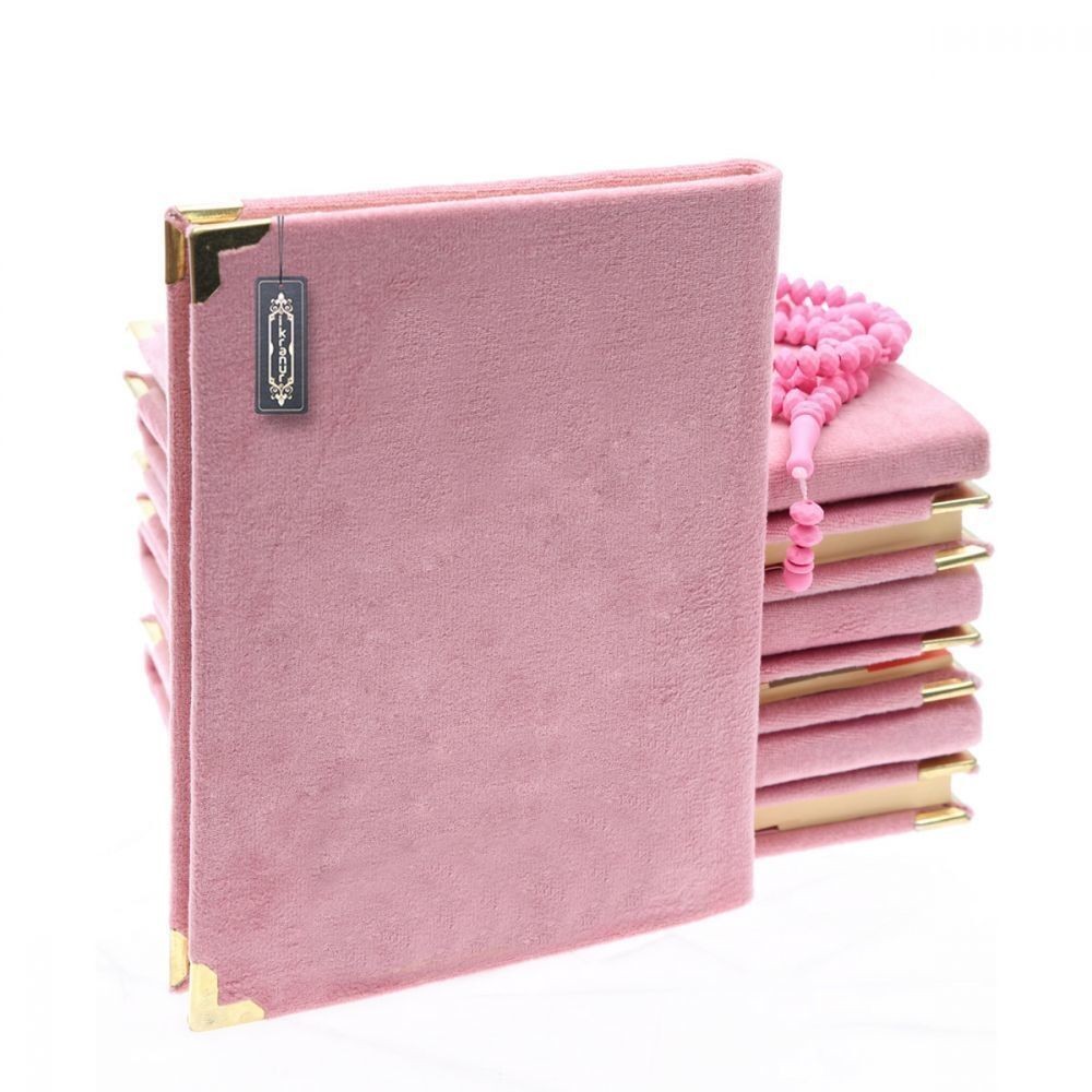 Hediyelik Yasin Kitabı Kadife Kaplı (Çanta Boy) Pleksili, Kokulu Tesbih, Çikolata, Asetat Kutulu (20×20) Set-Pembe