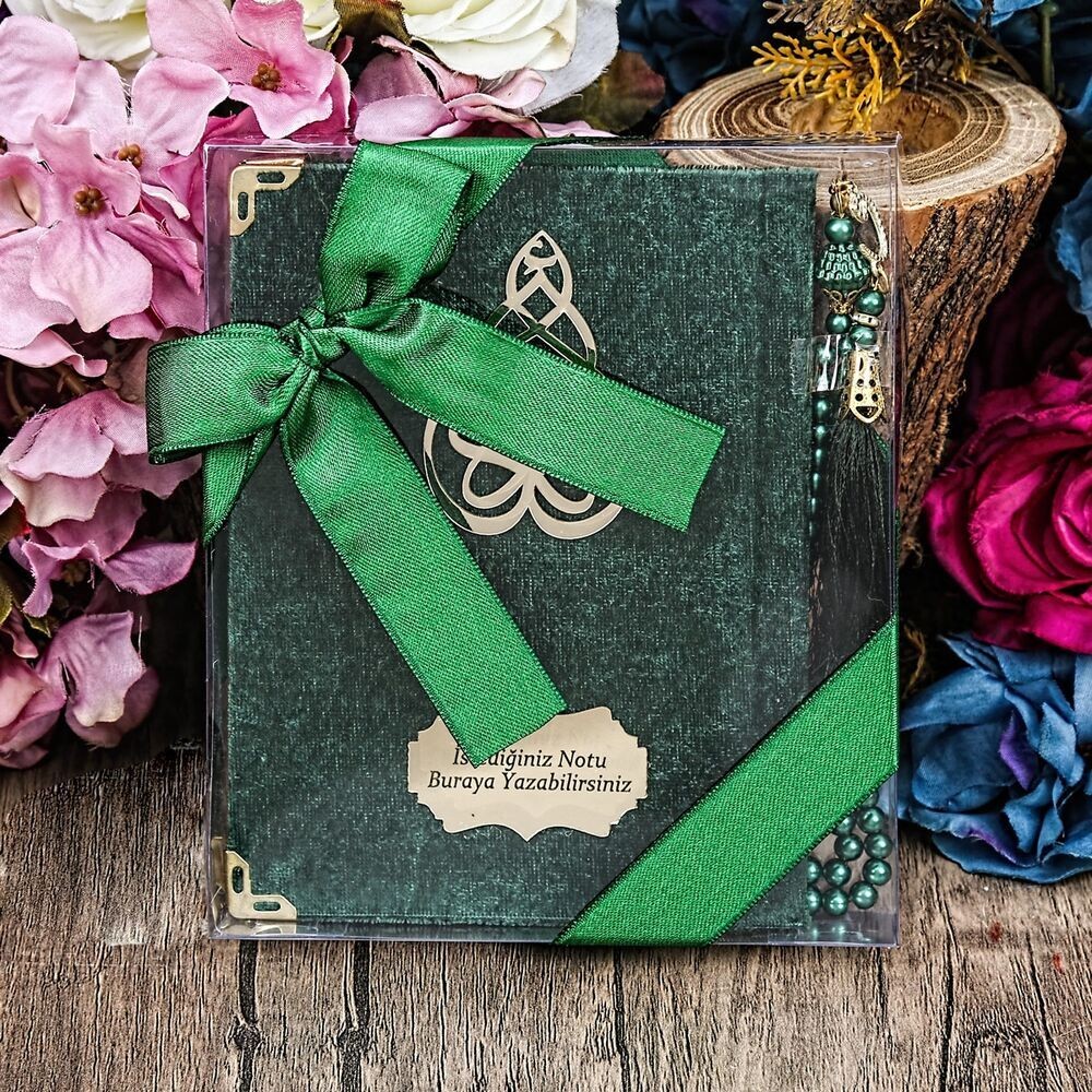 Kadife Yasin Kitabı (Çanta Boy), İnci Tesbih, Asetat Kutulu (17×15 cm 200 gr) Mevlid Seti-Yeşil