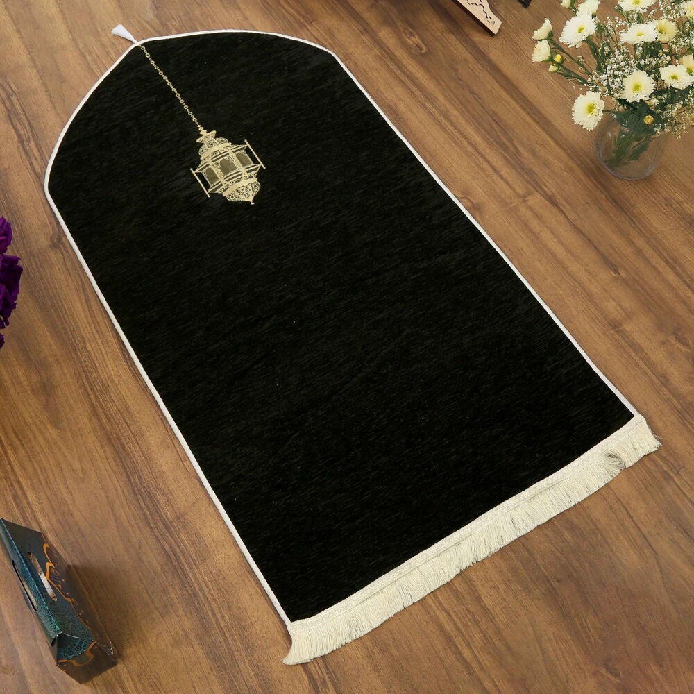 Mahya Desenli Lüks Astarlı Biyeli Şönil Seccade Siyah (66X125cm) 565 gr