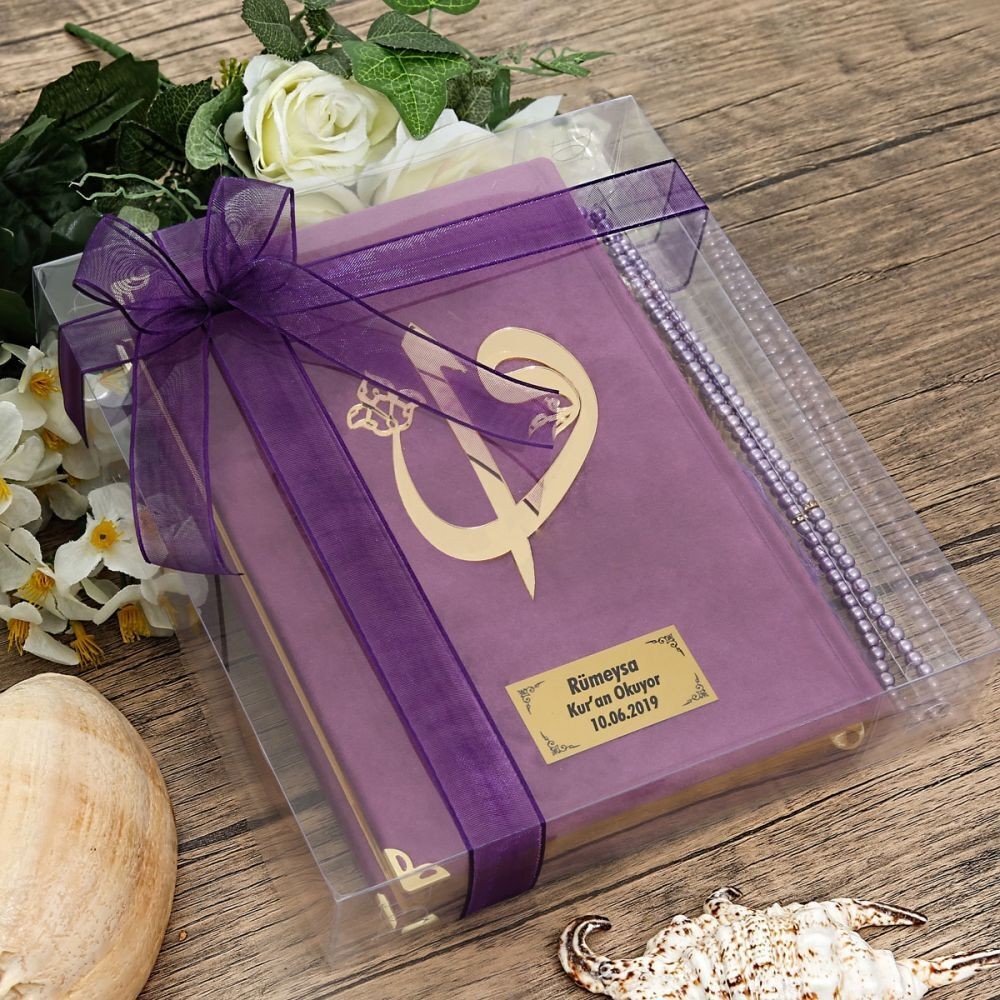 Hediyelik Kadife Kur'an-ı Kerim, İnci Tesbih, Asetat Kutulu (25×18) Mevlid Paketi