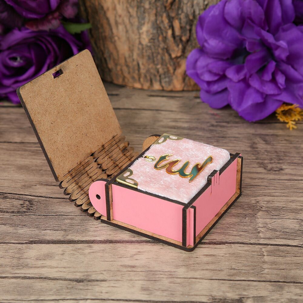 Ramazan Kerim Mini Ahşap Kutu & Mini Kur'an-ı Kerim Pembe (8x7cm)