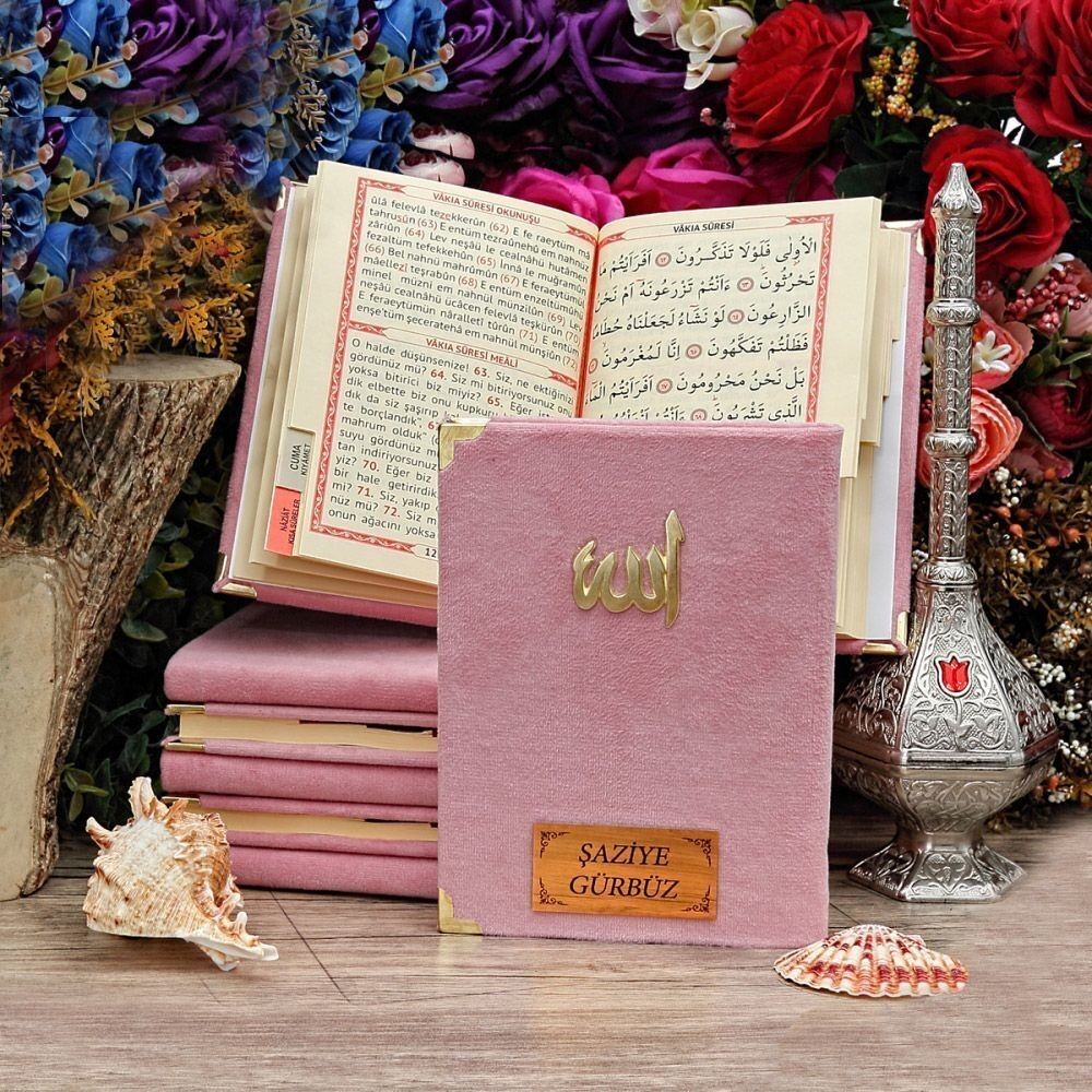 Hediyelik Yasin Kitabı Kadife Kaplı (Çanta Boy), Kokulu Tesbih, Asetat Kutulu (20×20) Mevlid Paketi-Pembe