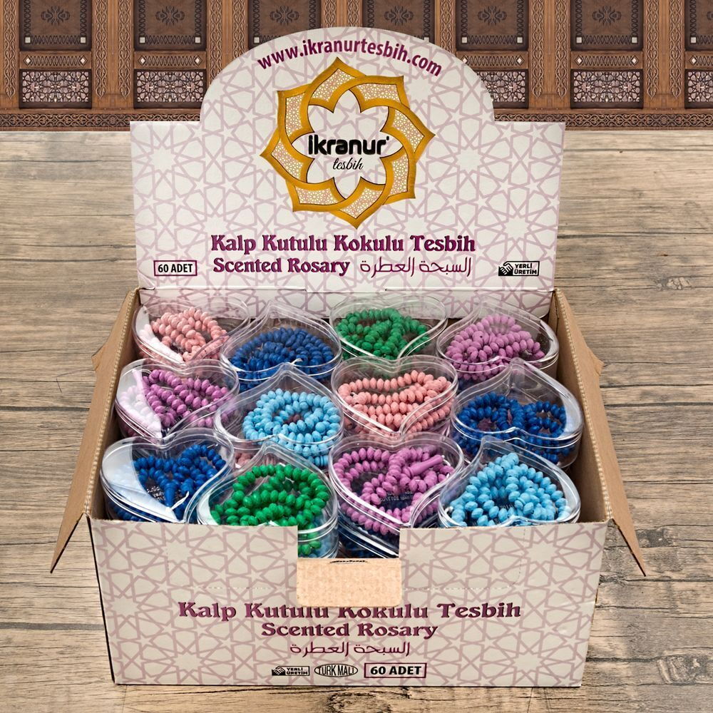 Kokulu Tesbih Şeffaf Kalpli Kutuda  Karışık 1 Koli - 480 Adet