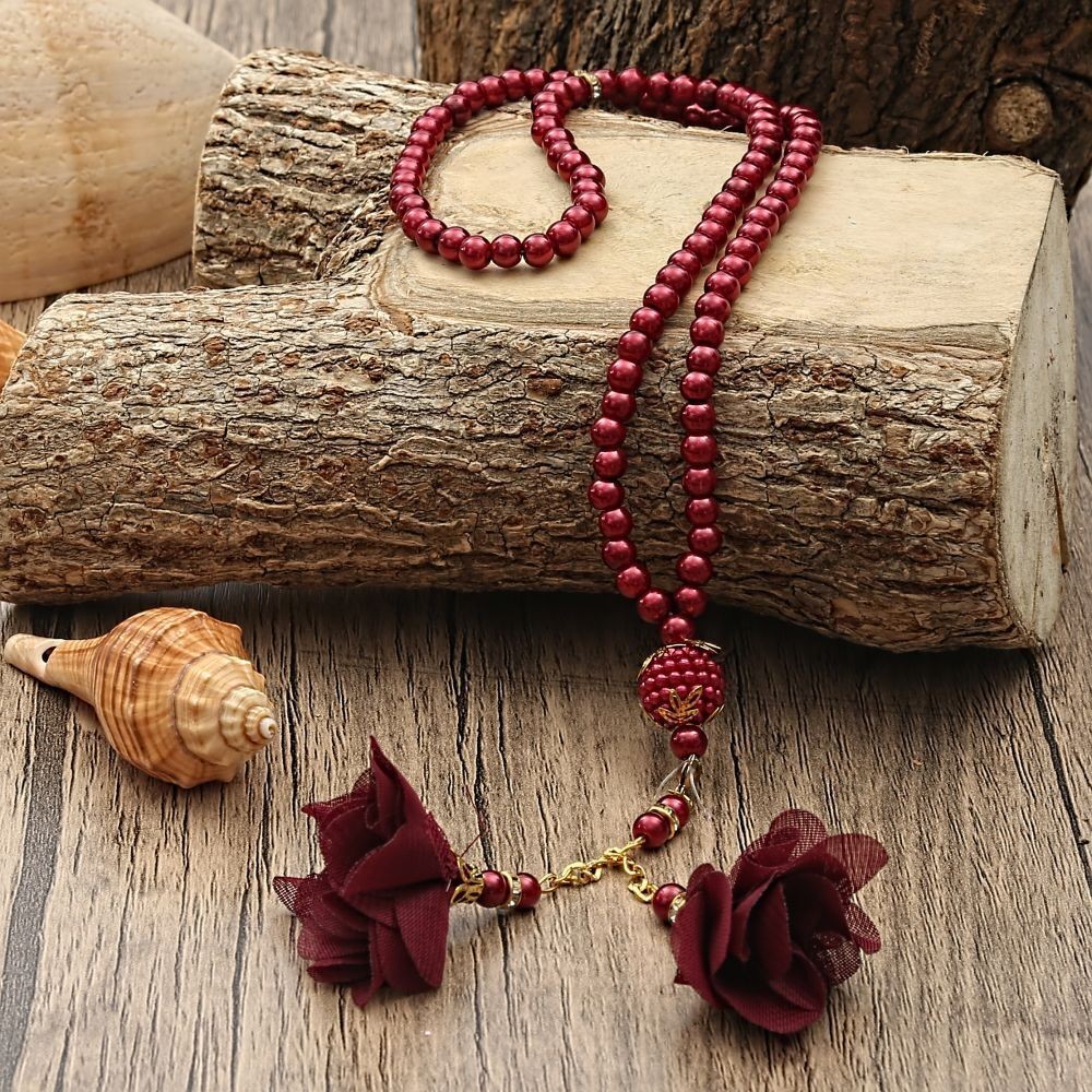 İnci Tesbih Güllü Bordo