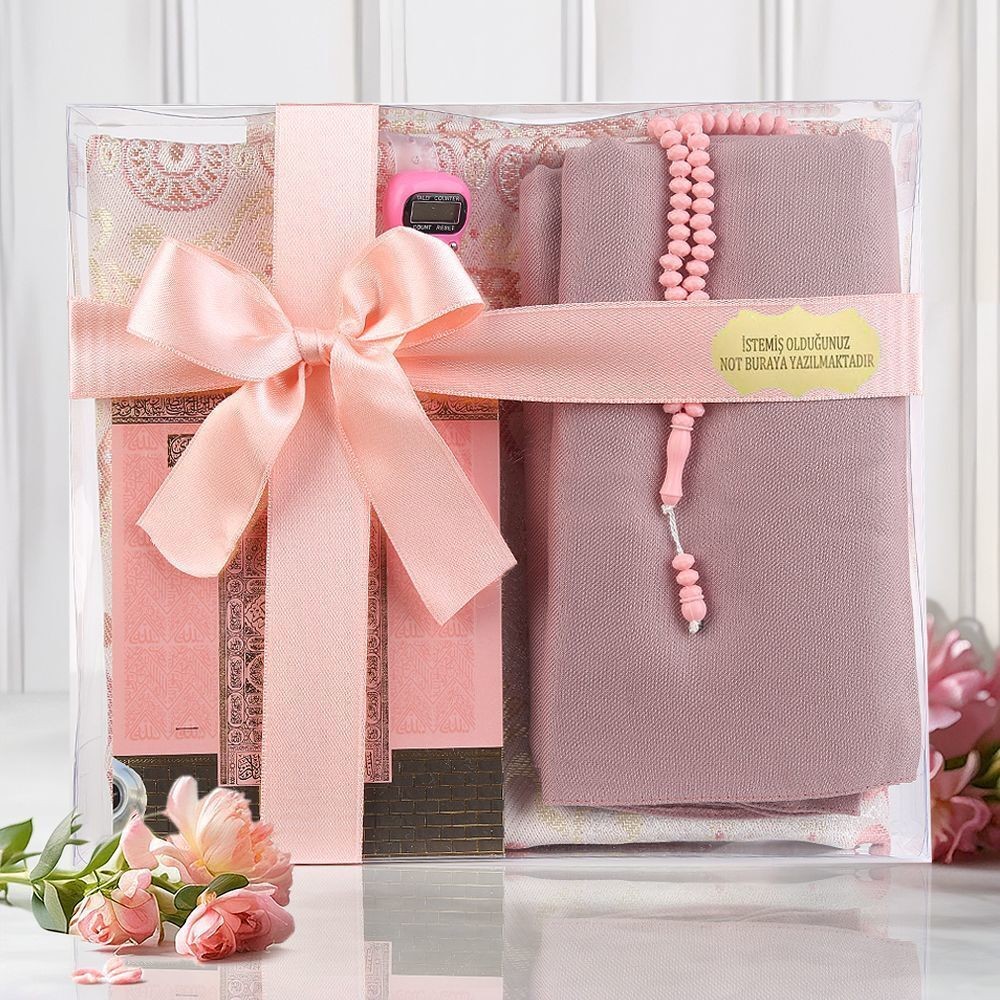 Ekonomik Çanta Boy Yasin, Seccade, Tesbih, Zikirmatik, Süslemeli Asetat Kutulu (23*26 cm -475gr)-Pembe