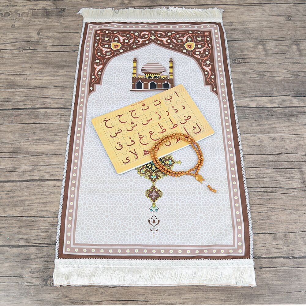 Çocuk Seccadesi 45*82 cm Kudüs Kahve & Kokulu Tesbih & Kur'an Harfleri Puzzle