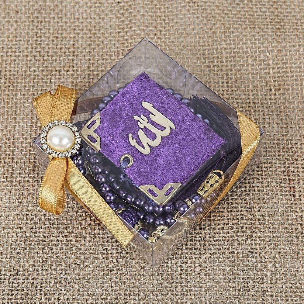 Hediyelik Mini Kuran, İnci Tesbihli Kare Kutulu Set-Mor