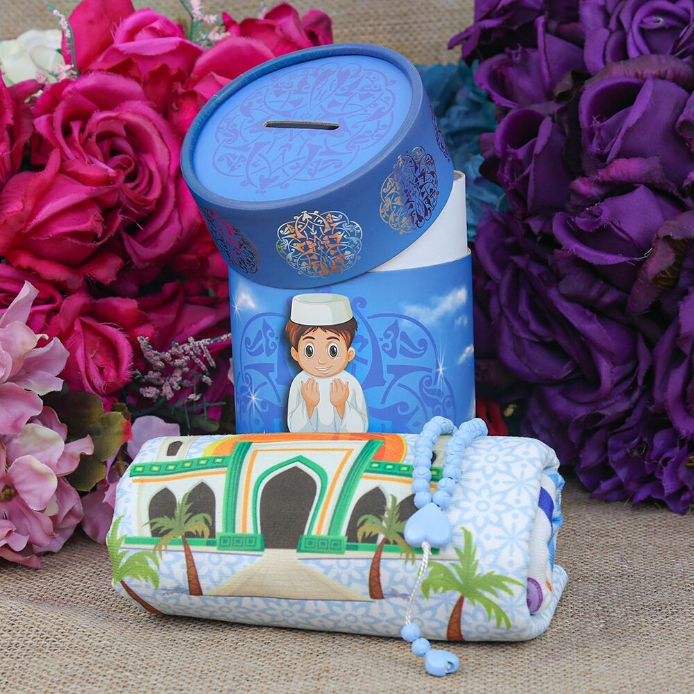 Children's Prayer Rug Kaaba Blue & Fragrant Heart Embroidered Baby Blue Rosary & First Step To Prayer Piggy Bank Cylinder Box Si