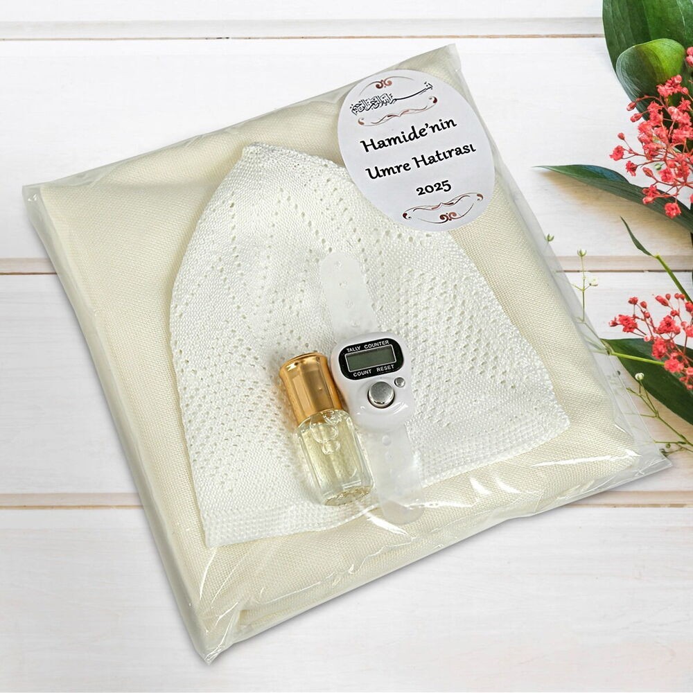 Hediyelik Umre paketi Krem Pamuklu Şal, Lüks Rabia Takke, Zikirmatik, Alkolsüz Esans 3 ml-167 gr