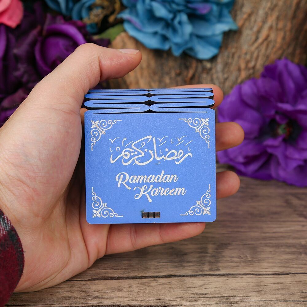 Ramazan Kerim Mini Ahşap Kutu & Mini Kur'an-ı Kerim Mavi (8x7cm)