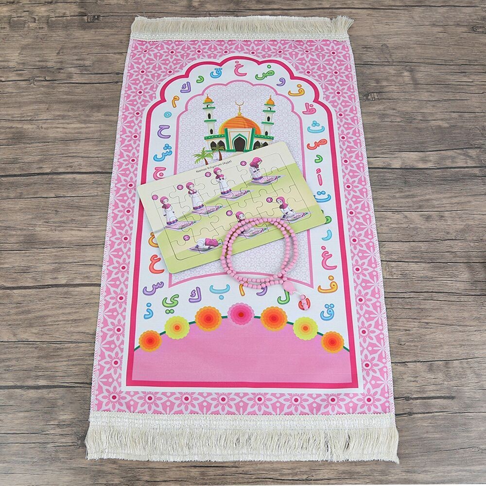 Çocuk Seccadesi Pembe 45x82 cm Aksa Pembe & Kokulu Tesbih  Bebek Pembesi & Ayşe Namaz Kılıyor Puzzle