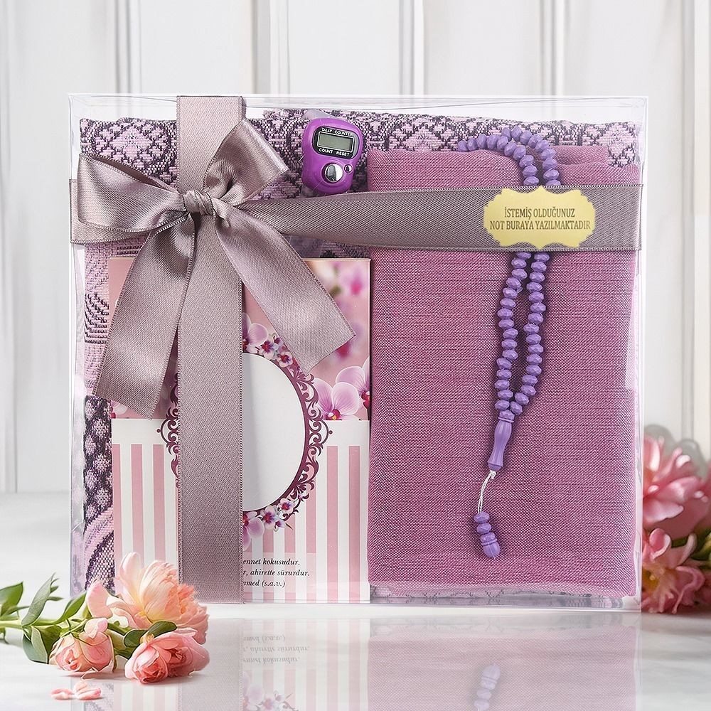 Ekonomik Çanta Boy Yasin, Seccade, Tesbih, Zikirmatik, Süslemeli Asetat Kutulu (23*26 cm -475gr)-Gül Kurusu