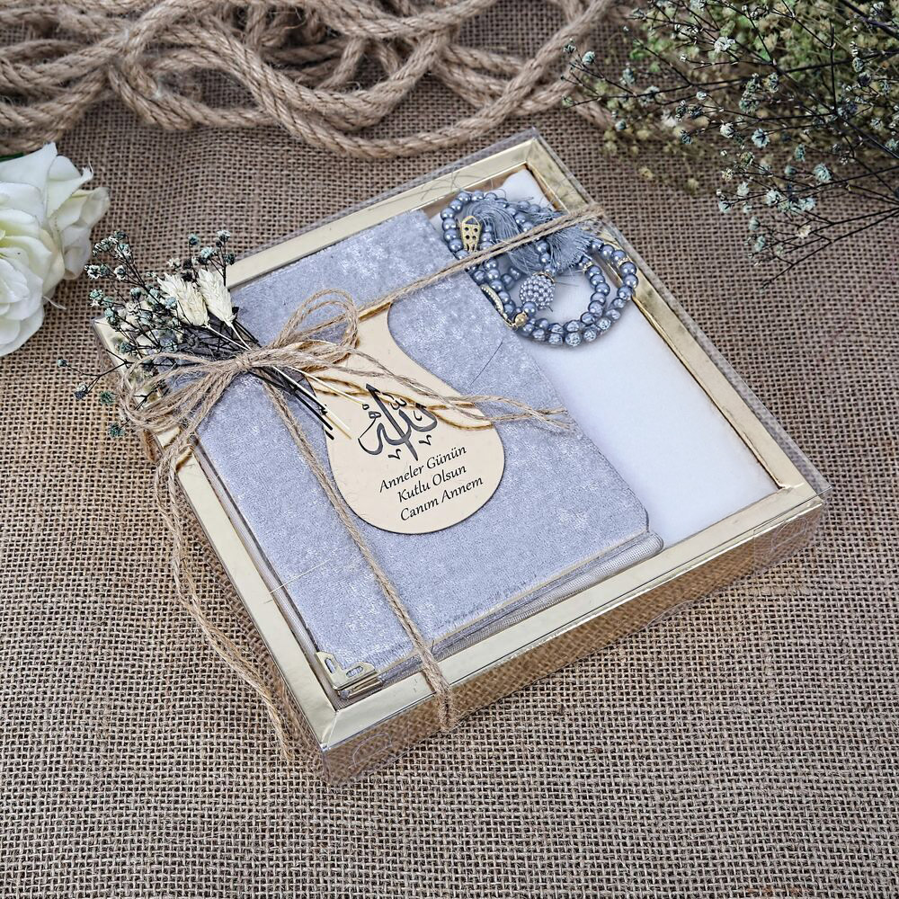 Hediyelik Şal, Yasin Kitabı, İnci Tesbihli Set-Gri