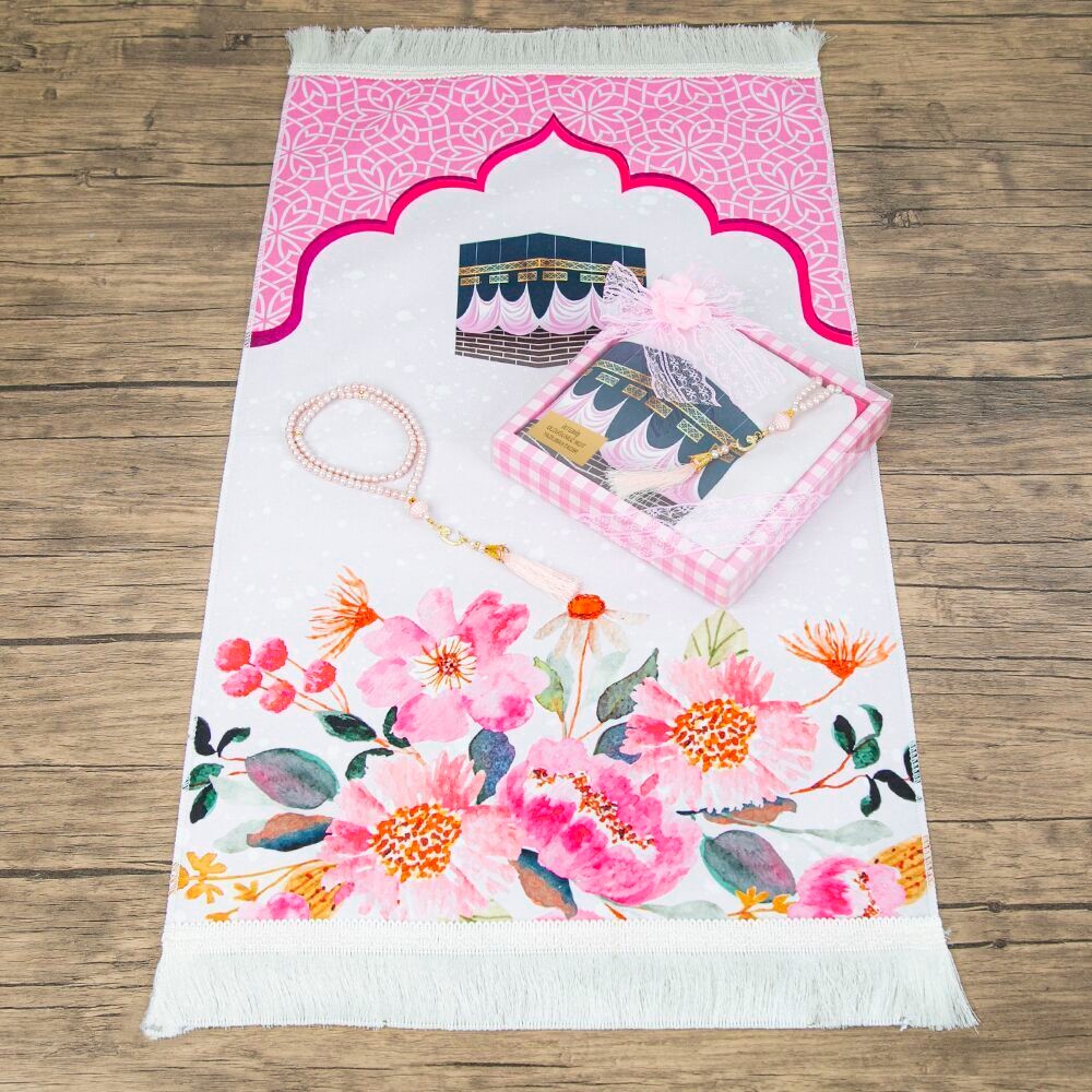 Çocuk Seccadesi 45*82 cm, İnci Tesbihli Asetat Kutulu Set-Pembe
