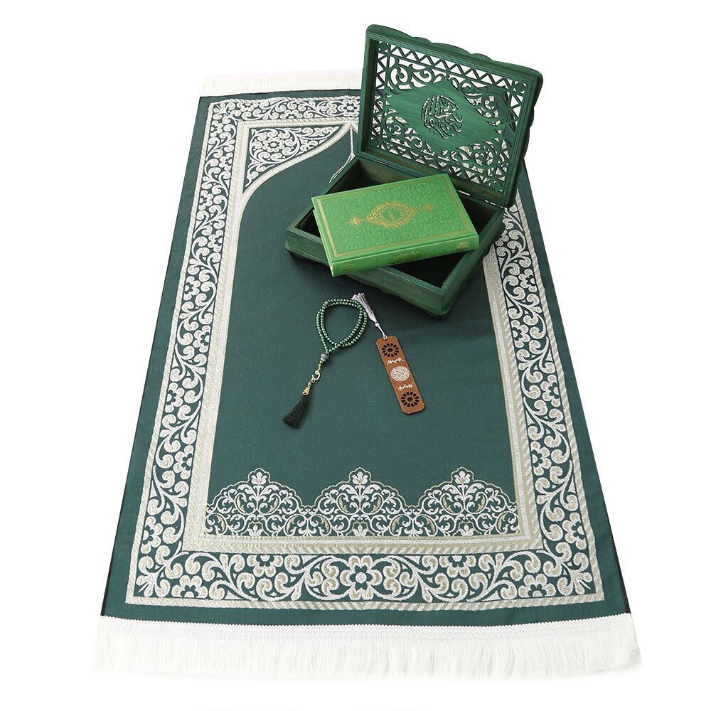 Hediyelik Ahşap Kitaplık ve Kuran Rahlesi, Seccade, Tesbih, Kur'an-ı Kerim, Ayraçlı Paket - Yeşil