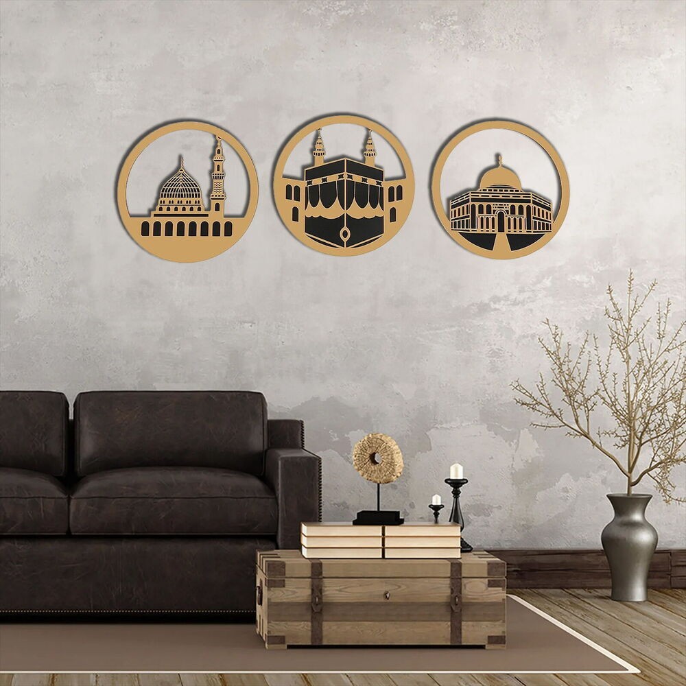 Kabe i Muazzama  Ravza ı Mudahhara ve Mescidi Aksa Üç Mescid Gold Pleksi Üçlü Takım Duvar Süsü  (30*30 cm)