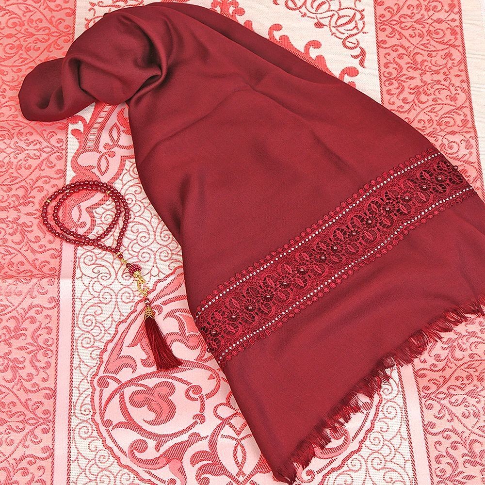 Hediyelik Seccade, Şal, İnci Tesbih, Asetat Kutulu (26×23 cm 450 gr) Set-Bordo