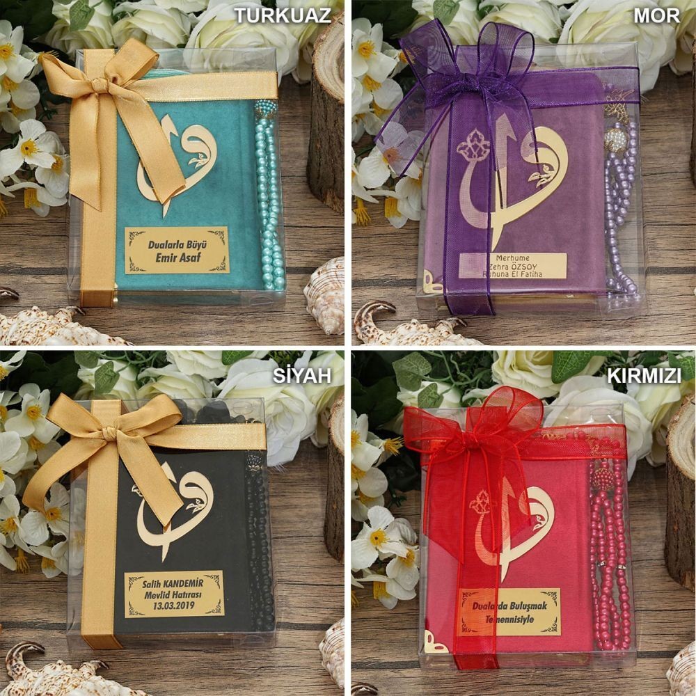 Hediyelik Kadife Kur'an-ı Kerim, İnci Tesbih, Asetat Kutulu (17×15) Set ( Renk Seçenekli )