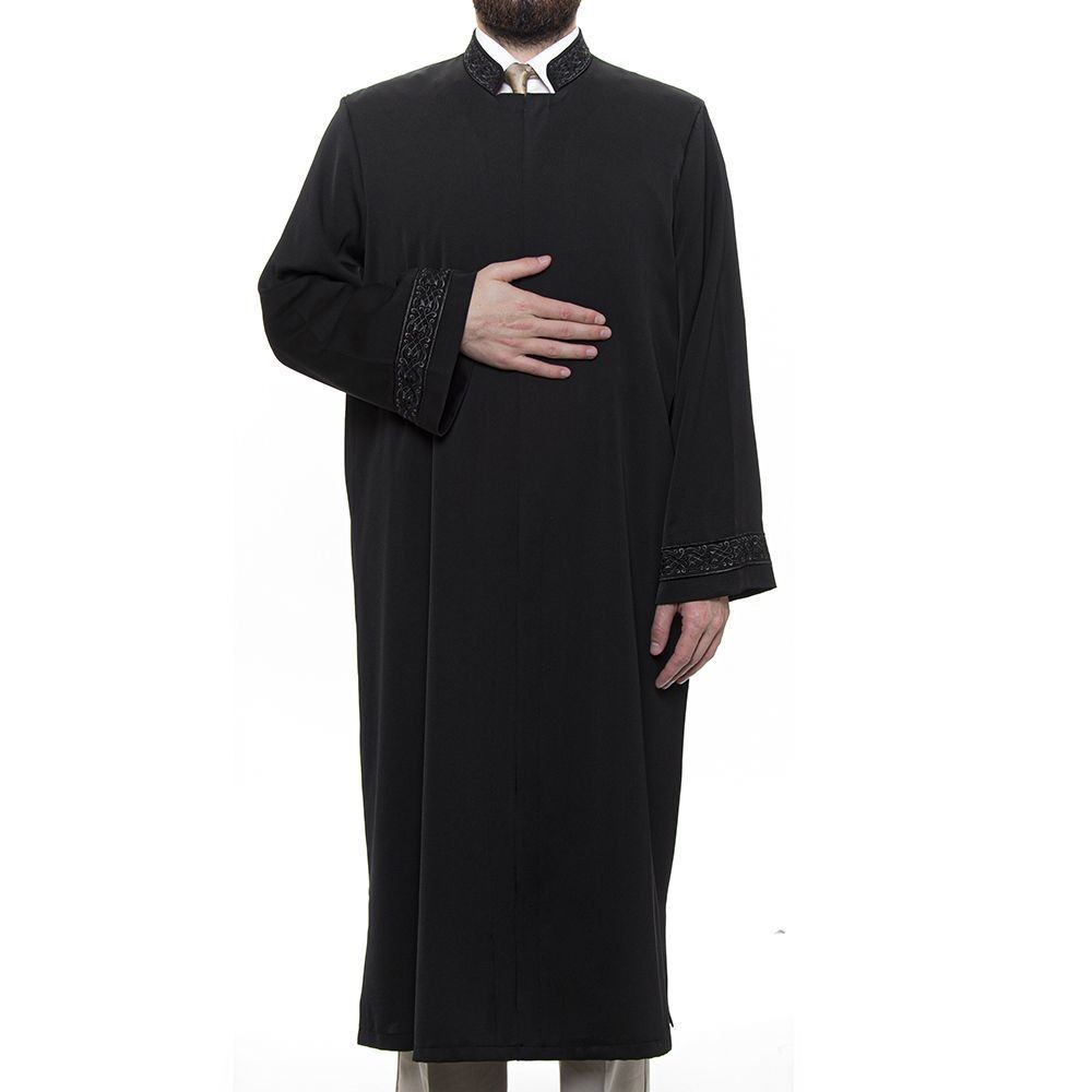 Uhud İmam Cübbesi Siyah Yaka ve Kol Nakışlı Model