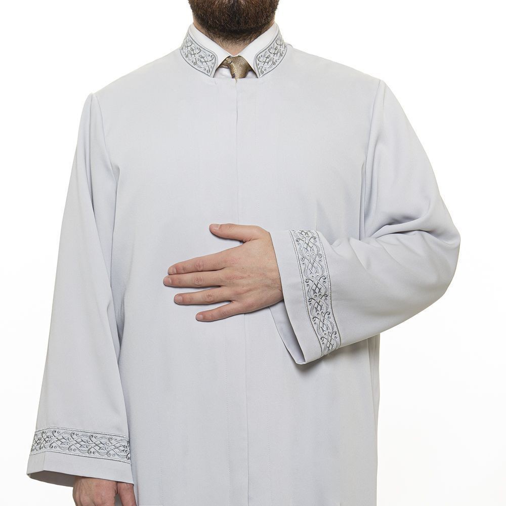 Asım  İmam Cübbesi Gri Kol ve Yaka Nakışlı Model