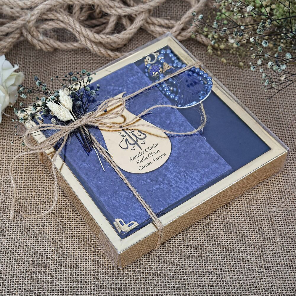 Hediyelik Şal, Yasin Kitabı, İnci Tesbihli Set-Lacivert