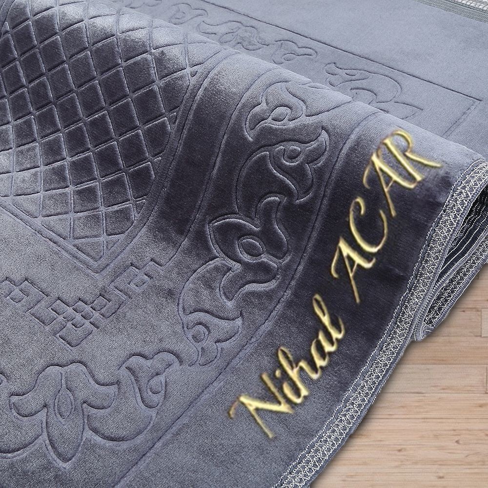 İsminizi Seccadeye Yazıyoruz Soft Yumuşak Kadife Peluş Seccade Gümüş 80 x 120 cm - 1100 gr
