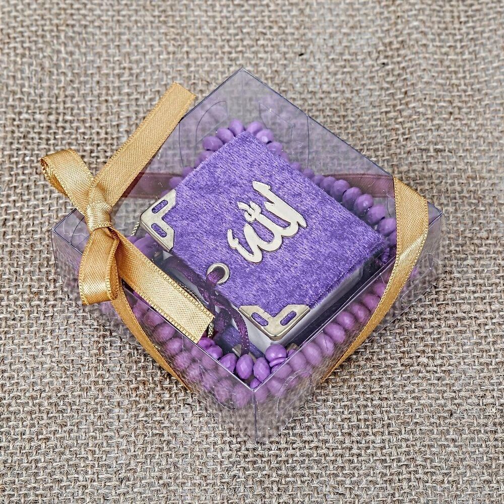 Mini Kuran, Kokulu Tesbihli Kare Kutuda Hediyelik-Mor(140 gr)