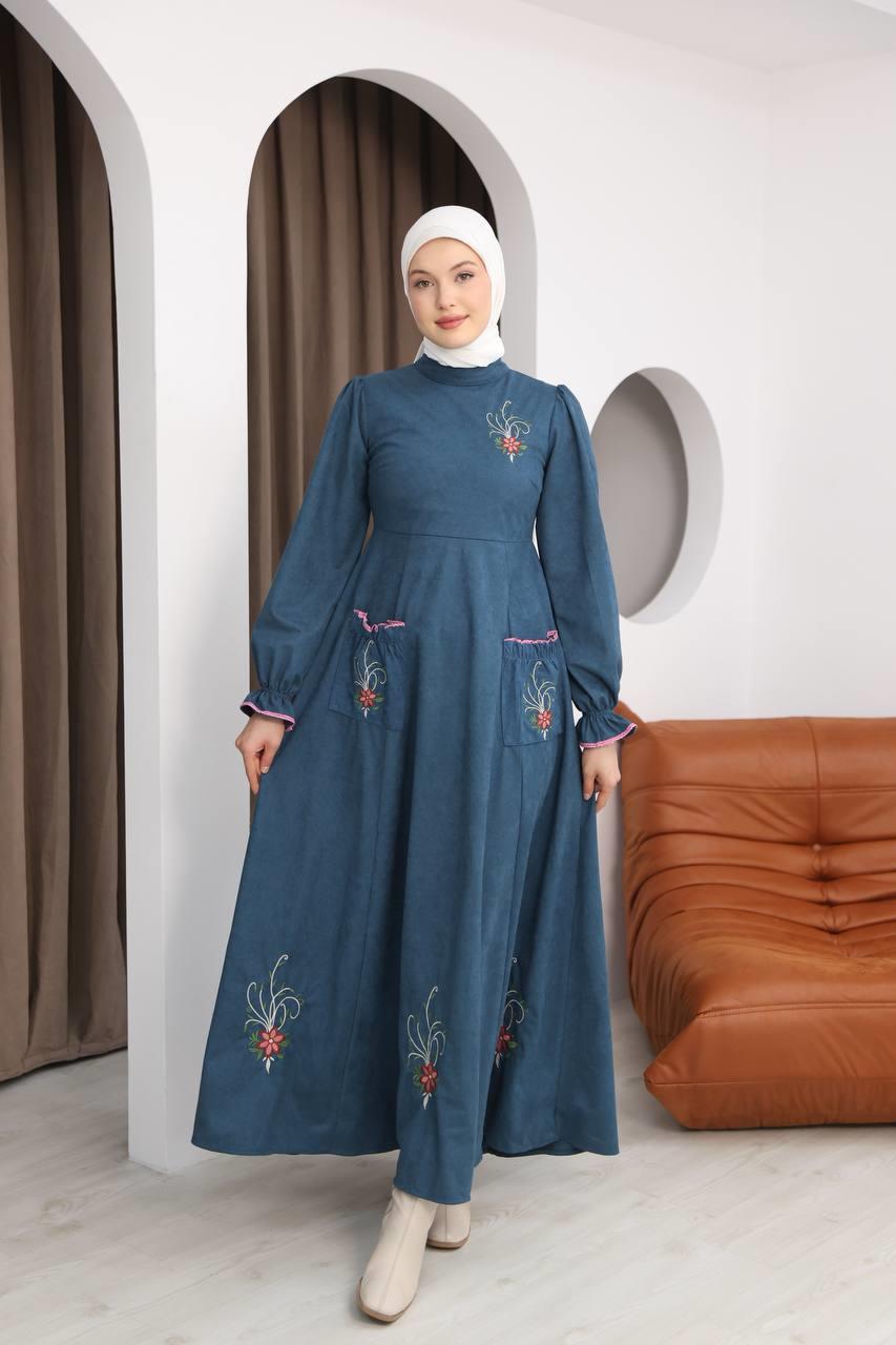 LF5021 Çiçek Nakışlı Star Süet Elbise – Zarif ve Feminen Şıklık