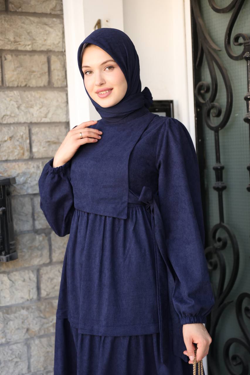 LF5032 Modern Kesim Kuşak Detaylı Tesettür Elbise