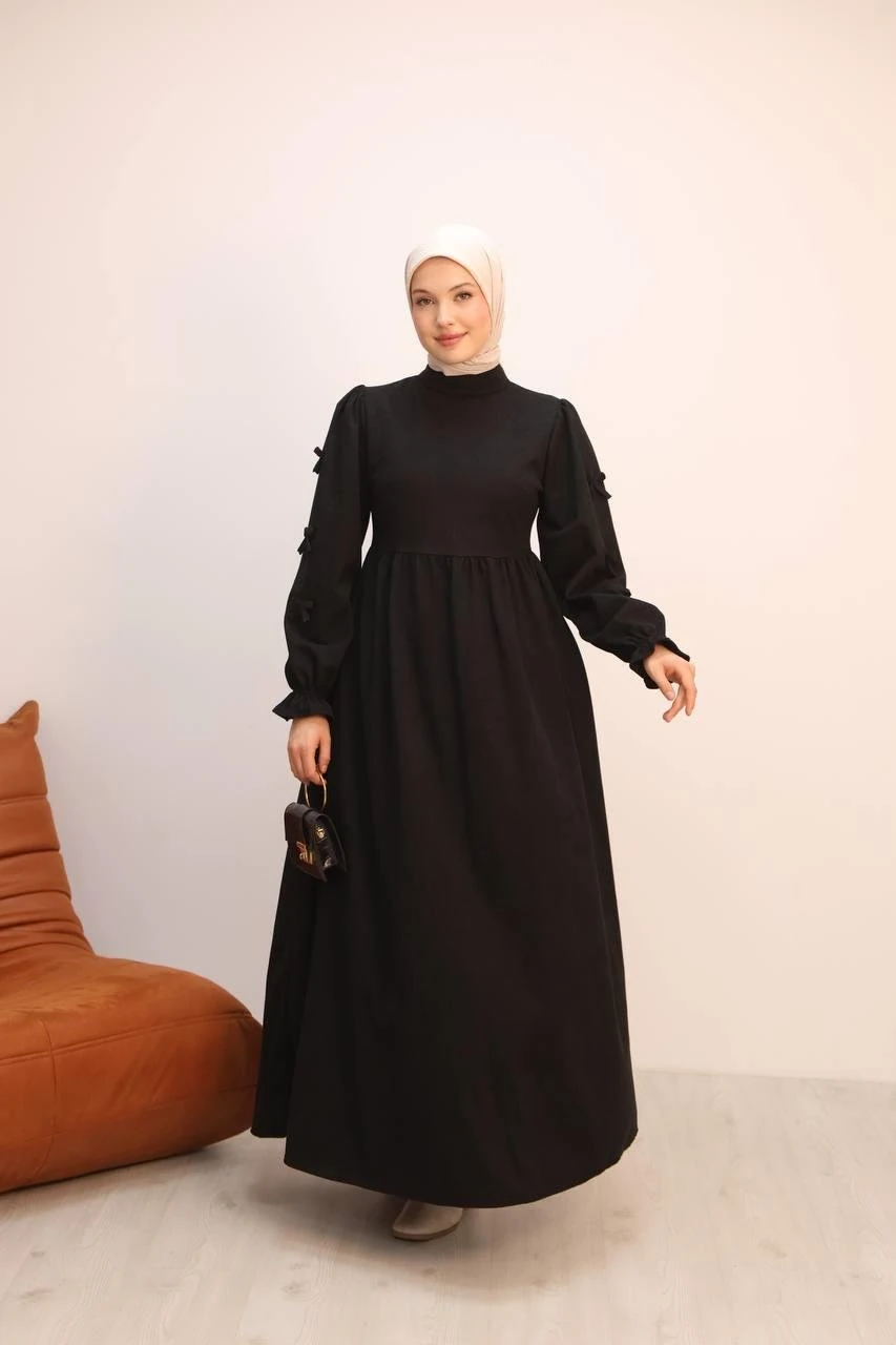 LF5031 Fiyonk Detaylı, Star Süet Kumaşlı, Tam Kalıp Elbise